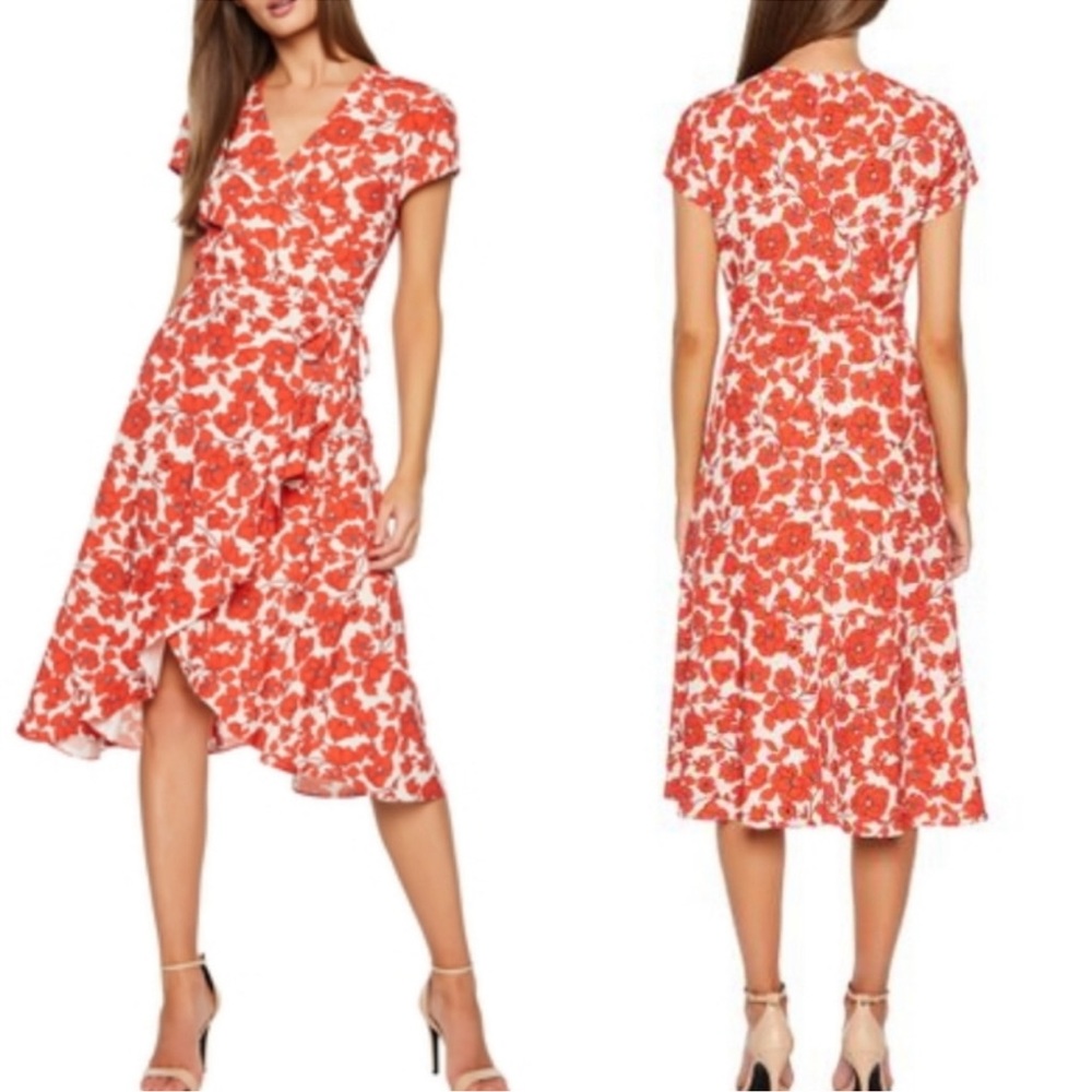 Bardot Fiesta Red Floral Faux Wrap Surplice Dress Size 6 Small